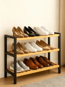 1pc 2/3-Tier Wooden Shoe Rack With Metal Frame, Economical Shoe Shelf, Space Saving, Sturdy And Durable, Movable, Suitable For Corridor, Entryway And Dormitory, Household Shoe Cabinet, Shoe Rack - Multicolor - View 1