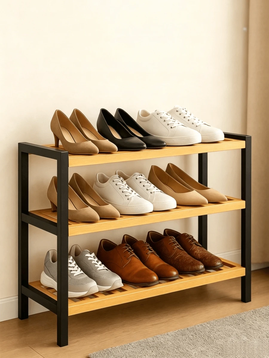 1pc 2/3-Tier Wooden Shoe Rack With Metal Frame, Economical Shoe Shelf, Space Saving, Sturdy And Durable, Movable, Suitable For Corridor, Entryway And Dormitory, Household Shoe Cabinet, Shoe Rack - Multicolor - View 1