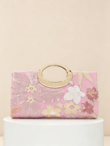 1件粉色亮片刺繡花卉晚宴包，金屬環手柄正式派對手拿包，亮片刺繡工藝，3D花卉設計（隨機圖案），必備婚禮配件，情人節禮物，適用於婚禮、慶典及其他正式場合 - 粉色 - 查看 6