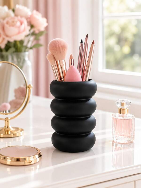 Black Ribbed Makeup Brush Holder, Modern Vanity Organizer Cup, Cosmetic Storage Box For Lipstick Eyeliner Cotton Swabs, Bathroom Countertop Organizer, Desktop Pen Holder, Minimalist Black Room Decor, Aesthetic Desk Storage, Cute Gift For Women Men