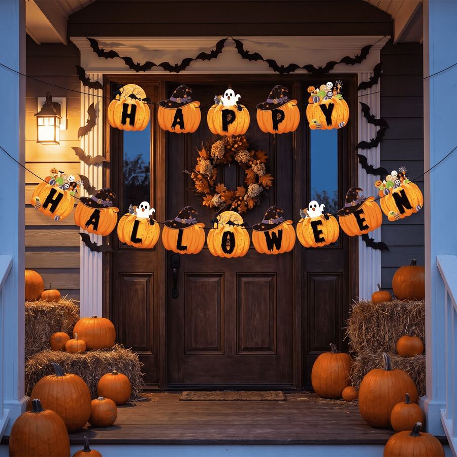 1set Halloween Pumpkin Paper Hanging Banner, Witch Hat Ghost Candy Letter Garland With Bat Cutout String,Halloween Decor, Halloween Decorations For Home, Halloween Gifts, Fall Decor, Home And Out Decor For Mantel Wall Party Backdrop Decor - A - View 1