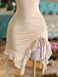 Women's Elegant Lace Patchwork Solid Color Casual Dress With Ruffle Hem And Drawstring Design, Suitable For Vacation And Daily Wear, Spring/Summer New Arrival - Black - View 4