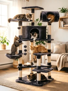 165cm Tall Multi-Level Cat Tree, Wear-Resistant Sisal Scratching Posts, Complete With Cat Houses And Hammocks, Equipped With Interactive Cat Ball, Integrates Climbing, Scratching And Resting Functions In One - Random Color - View 1