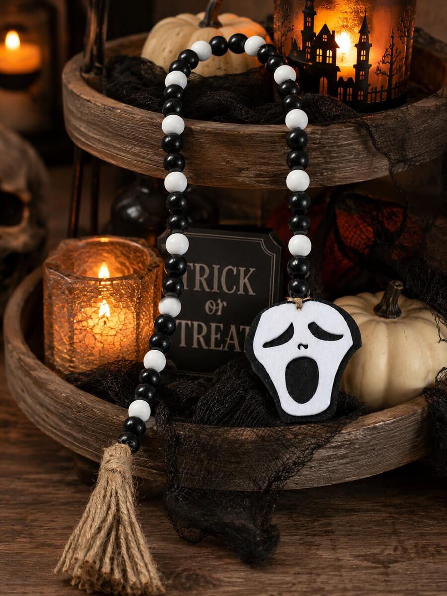1pc Halloween Ghost Face Beaded Tassel Hanging Ornament, Spooky Layered Tray Fireplace Decor, Trick Or Treat Halloween Eve, Autumn Gothic Farmhouse Dark Aesthetic Front Door Window Indoor Party Seasonal Wall Haunted Desktop Display Ornament - Multicolor 7 - View 1