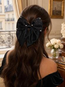 1pc Black Satin Bow Hair Clip, Combining Cute And Elegant School Style. Made Of High-Quality Satin. A Thoughtful Valentine's Day Gift, Popular Among Students. Easily Create A Sweet Look. - Black and White Lace - View 5