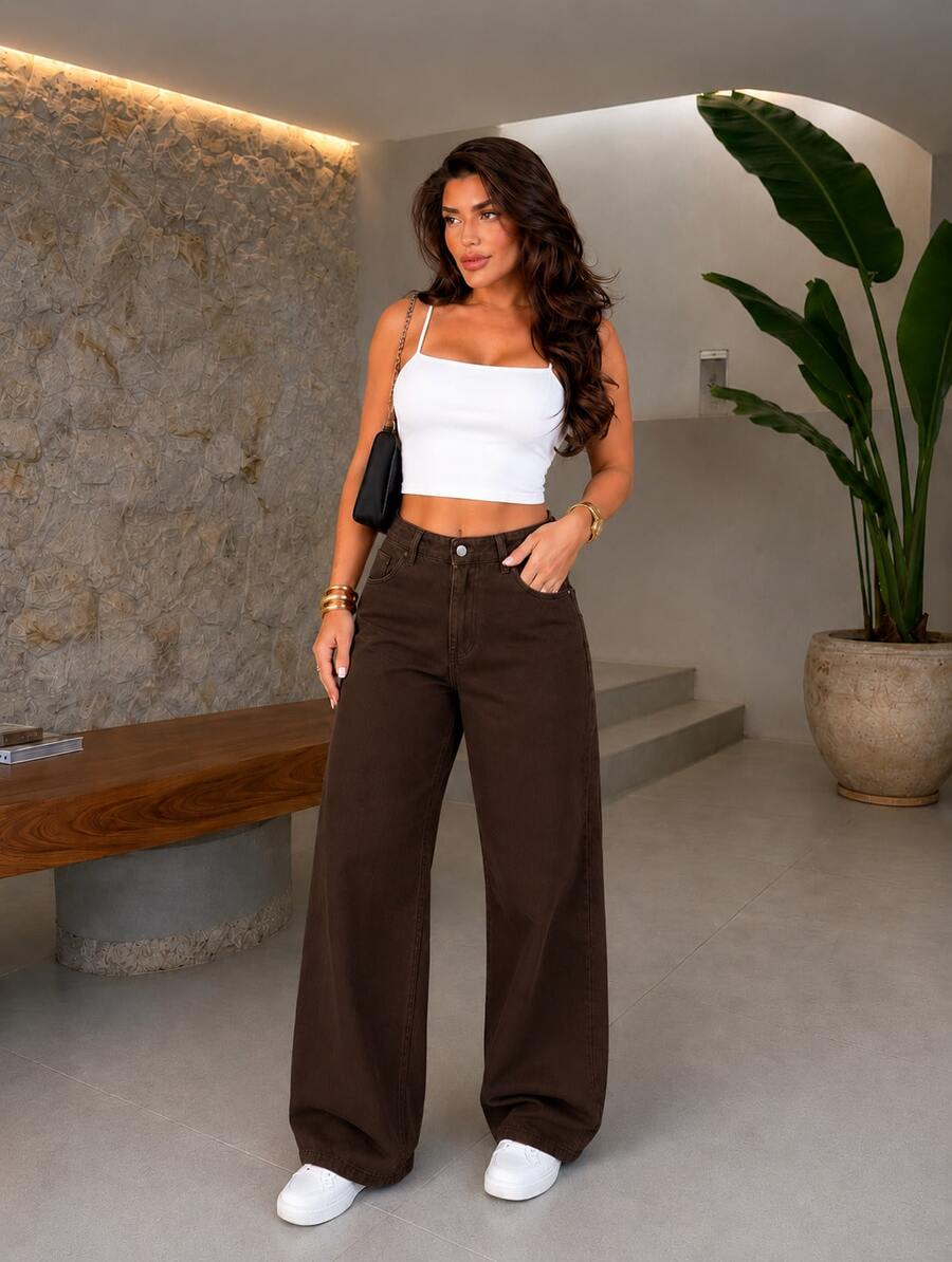 Women's Wide Leg Jeans, High Waist, Tailored Style, Luxurious And Comfortable, Functional Pockets, Shapes The Silhouette, Premium Outfits, New Release, Official BNB Store - 咖啡棕色 - 查看 1