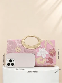 1件粉色亮片刺繡花卉晚宴包，金屬環手柄正式派對手拿包，亮片刺繡工藝，3D花卉設計（隨機圖案），必備婚禮配件，情人節禮物，適用於婚禮、慶典及其他正式場合 - 粉色 - 查看 2