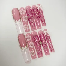 10pcs Extra Long Handemade Press On Nails For Party And Daily Wear, Butterfly,Flowers,3D Rhinwstones,Flowers For Girls,Easy To Wear10pcs Y2K Extra Long Handmade Press On Nails,Shiny Atirficial Gems,Spring And Summer Style - 粉色 - 查看 1