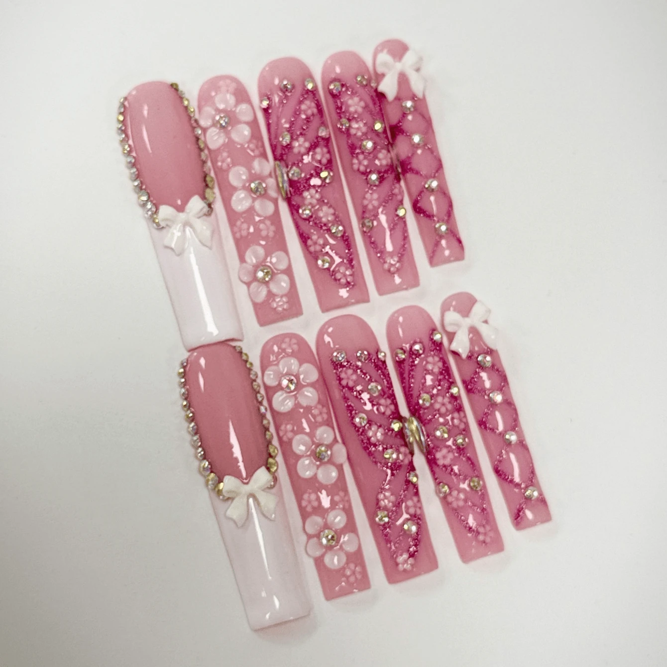 10pcs Extra Long Handemade Press On Nails For Party And Daily Wear, Butterfly,Flowers,3D Rhinwstones,Flowers For Girls,Easy To Wear10pcs Y2K Extra Long Handmade Press On Nails,Shiny Atirficial Gems,Spring And Summer Style - 粉色 - 查看 1