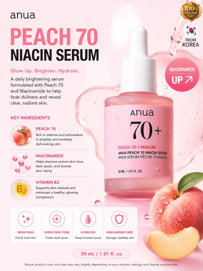 Anua Peach 70 Niacinamide Serum 30ml / Brightening Hydrating Face Serum/Daily Clean Beauty (1.01 Fl. Oz.) - 單選 - 查看 1