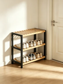 1pc 2/3-Tier Wooden Shoe Rack With Metal Frame, Economical Shoe Shelf, Space Saving, Sturdy And Durable, Movable, Suitable For Corridor, Entryway And Dormitory, Household Shoe Cabinet, Shoe Rack - Multicolor - View 3
