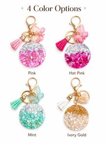 1 pieza Colgante de llave redondo estilo niña con accesorio de borla de mariposa, vibra fresca y dulce de niña, 4 colores base degradados de macaron con fragmentos de concha incrustados y purpurina plateada, borla de tela a juego del mismo color y decoración de mariposa hueca, sin patrones impresos desordenados ni redundantes, contorno de colgante de resina circular plano, combinación de mosquetón + anillo de llave, accesorio creativo flexible y desmontable para llaves, mochilas, bolsos de hombro - Multicolor - Ver 4