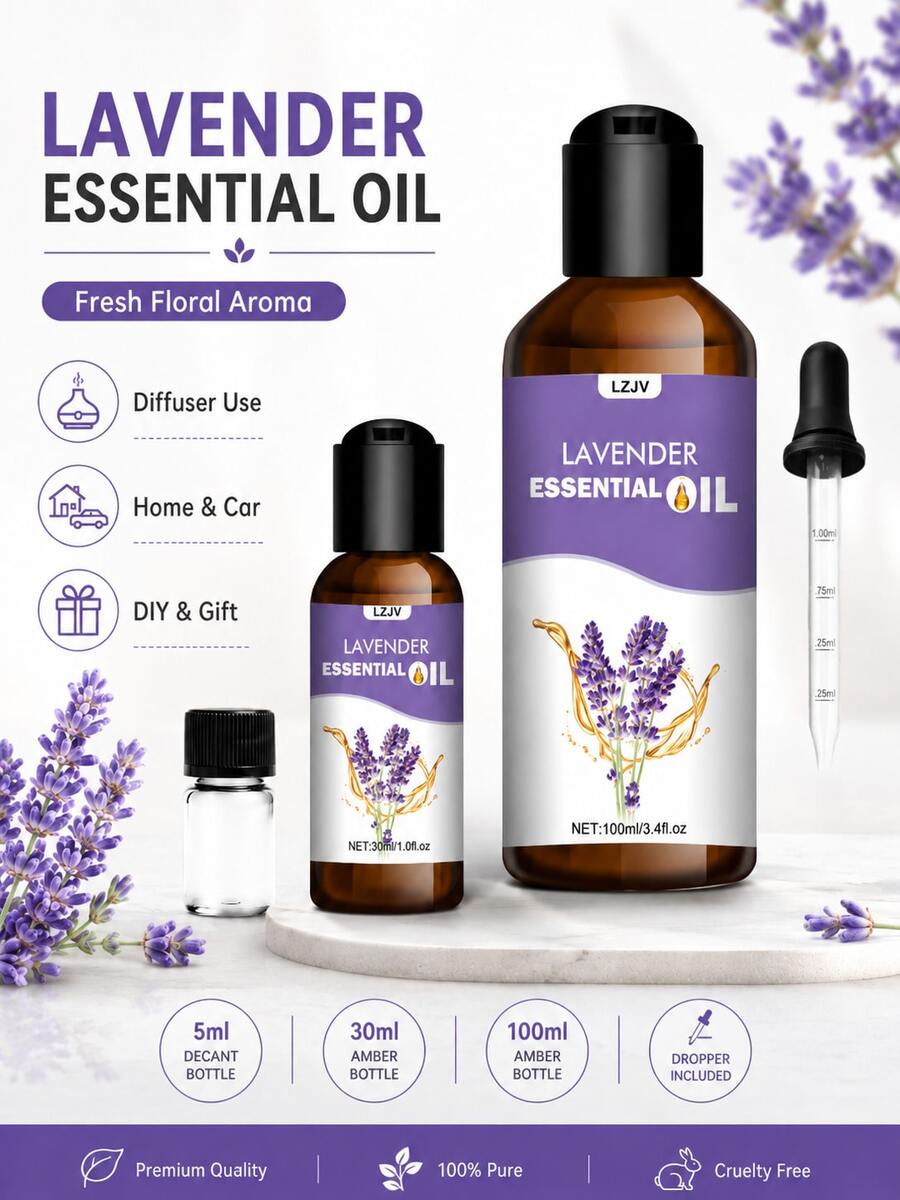 Óleo Essencial de Lavanda 100% Puro, 3 Tamanhos 100ml 30ml 10ml, Adequado para Difusores, Pedras Difusoras, Umidificadores, Velas, Quarto, Carro, Sala, Banheiro, Decoração de Casa, Suave e Fresco, Sem Álcool - óleo essencial de lavanda - Visão 1
