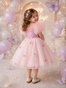 Vestido de princesa con encaje 3D y mariposa brillante - Rosa vieja - Ver 4
