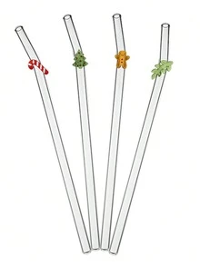 GASUDIN 4pcs Reusable Bent Glass Straw Set - High Borosilicate Glass Material, Includes Cleaning Brush - Christmas Theme, Holiday Patterns (Christmas Tree, Candy Cane, Holly, Gingerbread Man) - Ideal Gift For Home, Cafe, Party - View 11