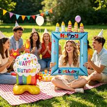 Blue Happy Birthday Print Colorful Candles Birthday Cake Photo Frame Balloon Base Birthday Cake Balloon Set Suitable For Birthday Party Decoration Props Balloons - Blue Candle Photo Frame + Colorful Cupcakes - View 4