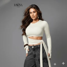 Women's Cropped Long Sleeve Suplex Blouse With Waist Tie, Tummy Control, Comfortable, Fall Winter Fashion - 離開 - 查看 4
