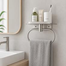 Bathroom Wall Adhesive Towel Rack, Towel Rack, Stainless Steel Hand Towel Ring, Towel Rack, Matte Black Cloth Rack No Drilling Required, Face Towel Bar, Hook, Bathroom Storage Organizer, Hardware Accessories, Waterproof - View 2