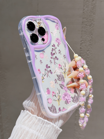 Purple Floral Design TPU Full Coverage Phone Case Compatible With 14promax 13/12/11promax/15promax/XR/XSMA/XS Soft 7/8 Wavy Edge 16/16promax Anti-Drop 13promax/17promax/12mini Women's Fashion Phone Protective Shell With Handmade Flower Lanyard