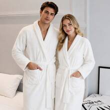 1pc White Plus Size Bathrobe Unisex Bathrobe Lapel Long Robe Solid Color Long Sleeve Loungewear Thick Coral Fleece Soft Absorbent Shower Hotel Pool Spa Couple Pajamas - White - View 3