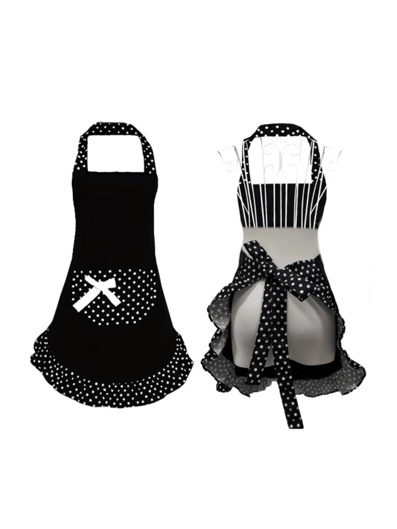 2pcs Vintage British Style Red & Black Striped Ruffle Apron With Bow Pocket, Adjustable, Versatile For Kitchen Baking, Cafe Service, Vintage Photography - Multicolor - View 1