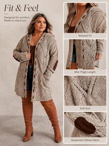 Plus Size Casual Hooded Cardigan With Elbow Patches Knitted Long Sleeve Knee Length Hollow Out Design - Khaki - View 5