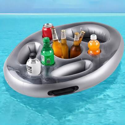 1pc Inflatable Waterproof Bar Drink Floating Tray, Multi-Function Pool Party Ice Bucket Cup Holder, Portable Inflatable PVC Ice Bucket Rack, Floating Drink Holder, Summer Pool Accessory, With Hole Pad Tray