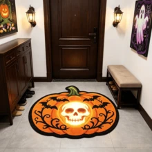 1 pieza Felpudo de calabaza con esqueleto malvado, alfombra de decoración de Halloween, felpudo de entrada, felpudo de puerta, alfombra pequeña, felpudo de bienvenida, alfombra, alfombra de cocina, decoración del hogar, alfombra de área, decoración del hogar - Multicolor - Ver 2