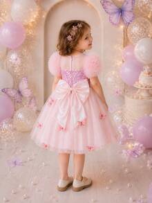 Vestido de princesa con encaje 3D y mariposa brillante - Rosa vieja - Ver 2
