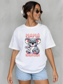 Oversized Women Short Sleeve Crew Neck Tee, Koala Mom "Koalificada" Print Loose Comfort Top For All Seasons - 白色 - 查看 3