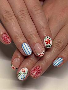 24pcs Press On Nails Flowers Fake Nails Short Fake Nails False Nails Oval Shape Nails Press On Manicure Set Includes 1sheet Adhesive Tabs & 1pc Nail File Suitable For Everyday Wear - Multicolor - View 1