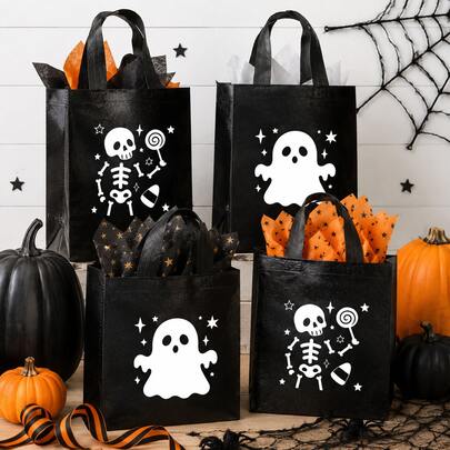 12pcs Halloween Black Gift Bags, Day Of The Dead Ghost & Skeleton Pattern Party Favor Packaging Bags, Holiday Decoration Tote Bags