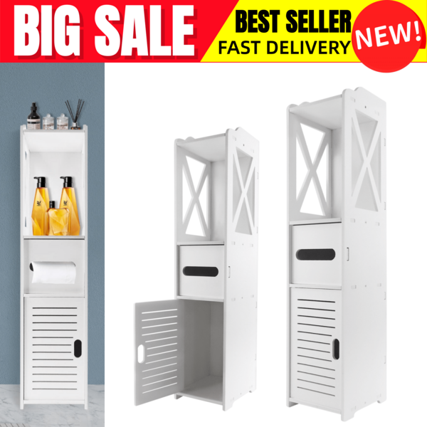 Bathroom Floor Cabinet, Waterproof, Freestanding, Slim Storage Cabinet In White With Shelf And 1 Cabinet Door, Multi-Purpose Cabinet For Storing Toilet Paper, Shampoo And Towels, White