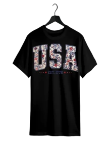 Tee Featuring Floral - Printed "USa" And "EST.1776" Design - 黑色 - 查看 1