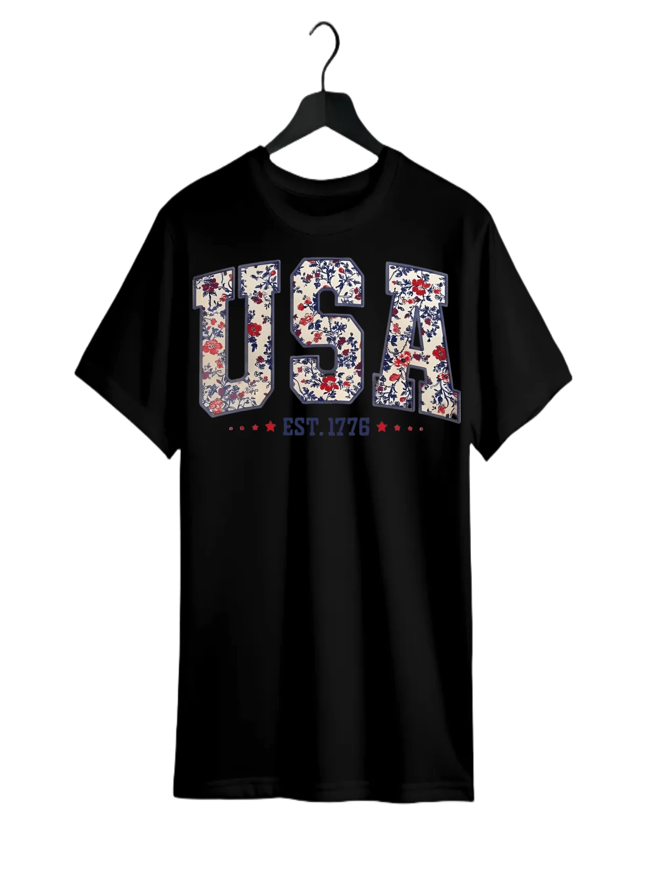 Tee Featuring Floral - Printed "USa" And "EST.1776" Design - 黑色 - 查看 1