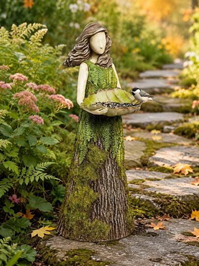 Forest-Themed Resin Garden Statue (Bird Feeder) - Fern & Bark Texture, Holds Bird Seeds. Ideal For Garden Paths, Patio Corners & Backyard Decor. Adds Natural Whimsical Vibes, A Popular Outdoor Accent For Stylish Functional Displays.