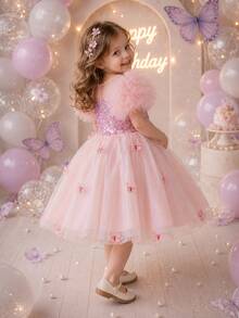 Vestido de princesa con encaje 3D y mariposa brillante - Rosa vieja - Ver 3