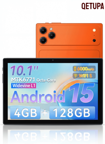Qetupa Android 15 10 吋 Android 平板電腦，八核心，4GB RAM 128GB ROM 可擴充至 1TB，1280x800 HD 螢幕，5G+2.4G WiFi，藍牙 5.2，5MP 前置鏡頭與 13MP 後置鏡頭，6000mAh 電池，802.11ac BT 5.2，GPS，適合閱讀與遊戲