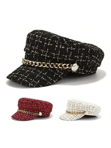 Elegant Plaid Tweed Newsboy Cap Set, Gold Chain Pearl Metal Button Decor Vintage Duckbill Women's Hat, Suitable For Autumn/Winter Daily, Shopping, Garden Party, Evening Party And Street Style - Multicolor - View 5