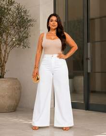 Women's Wide Leg Plus Size Jeans - High Quality - White - View 6