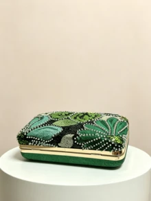 1件新款翡翠綠花卉亮片晚宴手拿包，金色框架硬殼錢包，適合婚禮與派對（隨機剪裁） - 墨綠色 - 查看 4