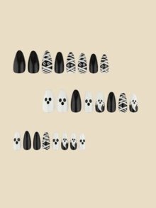 24pcs Black & White Mummy Ghost Halloween Costume Accessories Wearable Fake Nails Manicure Supplies Y2K Style Cute Almond Shape - Black - View 4