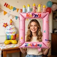 2pcs Pink Candle Cake Photo Frame Balloon Base Paper Cup Birthday Cake Suitable For Birthday Party Decoration - Pink Candle Frame + Colorful Cupcakes - View 3