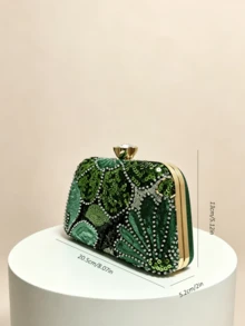 1件新款翡翠綠花卉亮片晚宴手拿包，金色框架硬殼錢包，適合婚禮與派對（隨機剪裁） - 墨綠色 - 查看 3