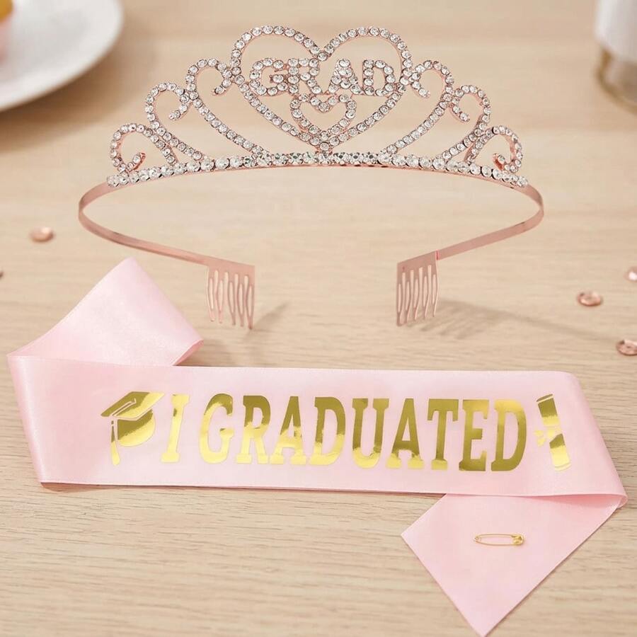 2pcs Graduation Celebration Set (1 Rhinestone Headband Crown + 1 Shoulder Strap) Suitable For Party Decoration, Photo Props, Graduation Season, Back To School Gifts, Best Fun Background Stand, Small Garden Party - Multicolor - View 1