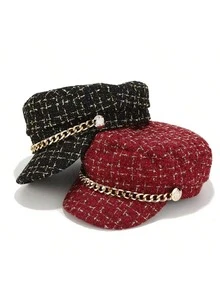 1pc Exquisite Tweed Beret, Mixed Gold Thread Texture With High-End Delicate Feel, Metal Chain Embellishment Adds Luxury Touch. Structured Fit To Head Circumference, Flattering Face Shape And Softening Contours, Perfect For Daily Matching With Coats And Dresses, Creating A Gentle And Elegant Atmosphere. - Beige - View 2
