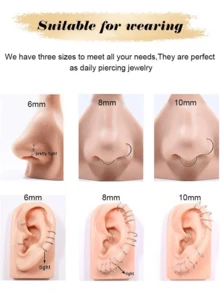 Unisex Hypoallergenic Nose Ring Set: Exquisite 8-Piece Set, Includes 18G Gold/Silver 316L Stainless Steel Nose Rings And Hinged Septum Rings; Suitable For Various Body Piercing Jewelry, Sizes Range From 6 To 12mm, Ideal Holiday Gift. - Gold + Silver + Black - View 3