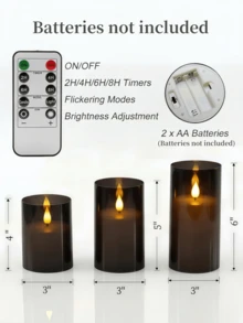 1/2/3 piezas Velas parpadeantes, sin llama, alimentadas por batería, con control remoto, función de temporizador, adecuadas para el hogar, la granja, el baño - negro - Ver 6
