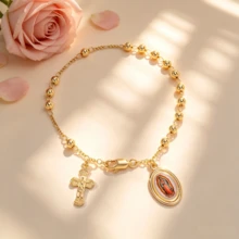 1pc Women's Fashion Bracelet, Gold Beaded Cross Bracelet, Catholic Rosary Bracelet, Religious Jewelry, Image Jewelry, Church Prayer/Christian/Christmas Baptism/Halloween/Thanksgiving/Easter Gift, Everyday Wear To Showcase Faith, Unisex - Gold - View 15