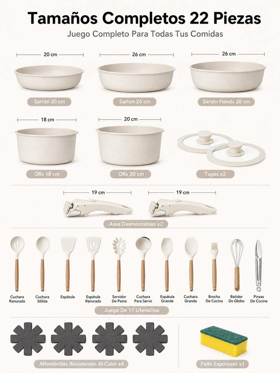Juego de Ollas y Sartenes Antiadherentes de 22 Piezas con Mangos Desmontables, Batería de Cocina Apilable para Inducción y Gas, con Tapas de Vidrio y 11 Utensilios de Silicona, Color Crema - Ver 1